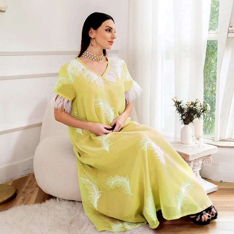 Abaya Woman Muslim Dress 2022 Feathers Embroidery Turkish Dubai Habaya Gulf Caftan Marocain Moroccan Takchita Jabador Pakistani