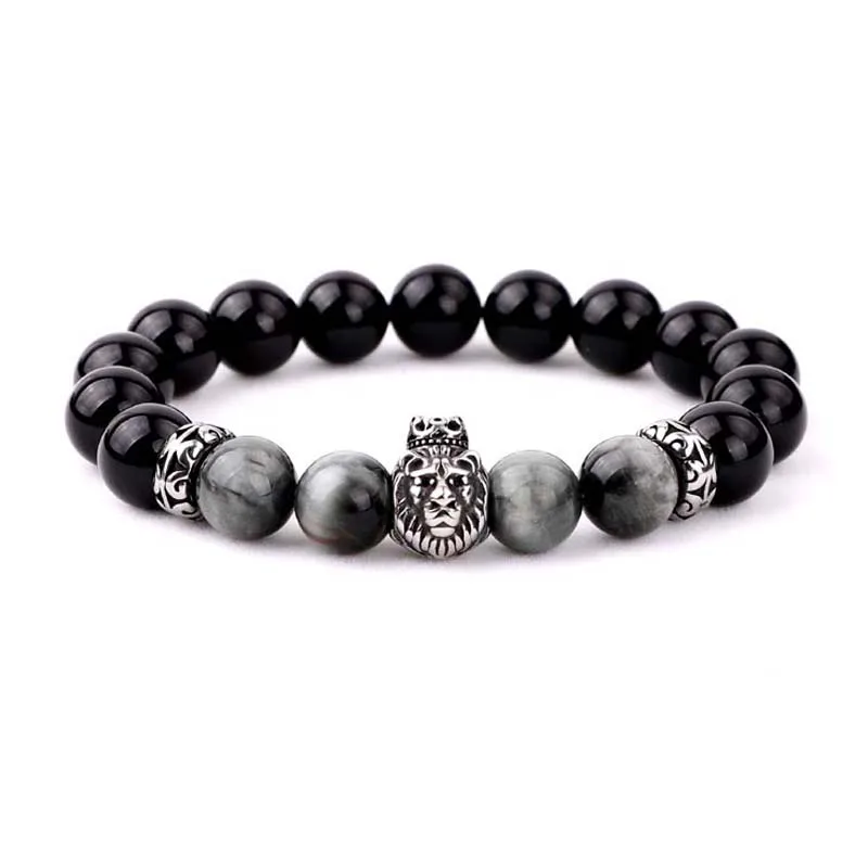 

New Simple Design Animal Stainless Steel Wolf Lion Buddha Charms Natural Stone Eagle Beads Elastic Bracelet Men