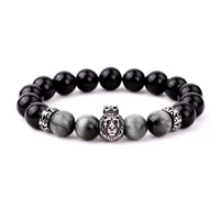 new simple design animal stainless steel wolf lion buddha charms natural stone eagle beads elastic bracelet men