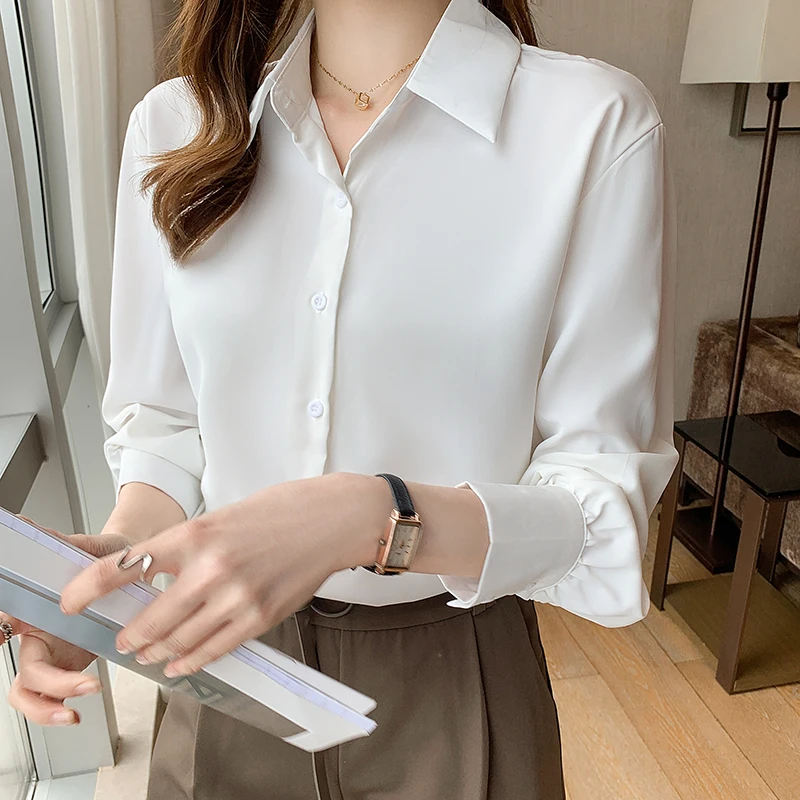 

Chikichi 2021 Spring and Autumn New Style Korean Fashion Elegant Lapel Pure Color Chiffon Ladies Long-sleeved Button Shirt