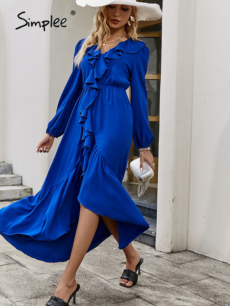 

Женское вечернее платье с v-образным вырезом Simplee, голубое свободное платье-трапеция с оборками и рукавами-фонариками для вечеринки