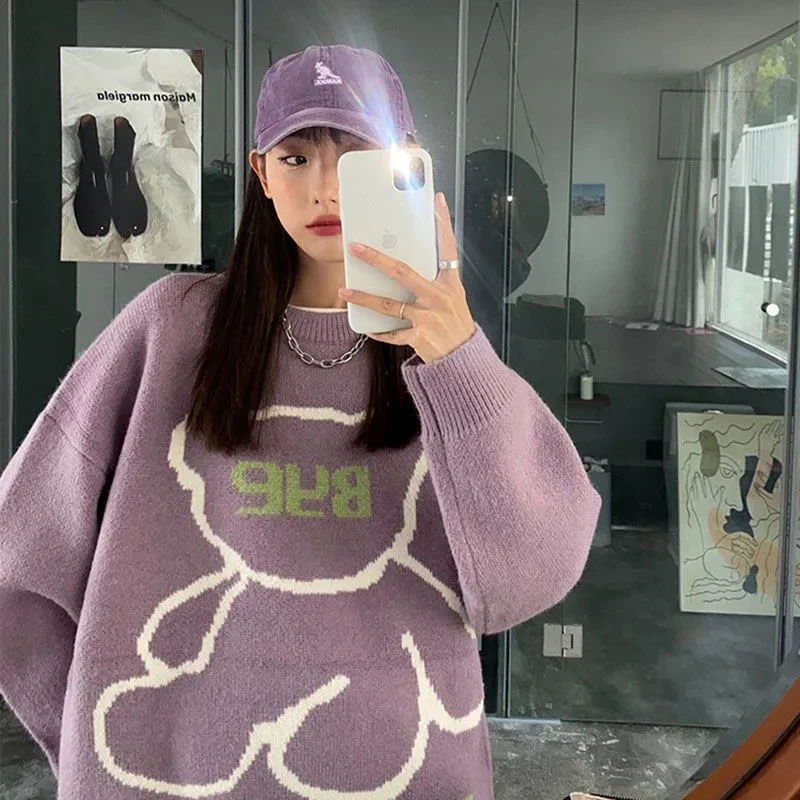 

Fashion Harajuku Funny Cartoon Bear Jacquard Long Sleeve Pullovers Knitted Sweaters Women Autumn Winter Loose Knitwear Tops
