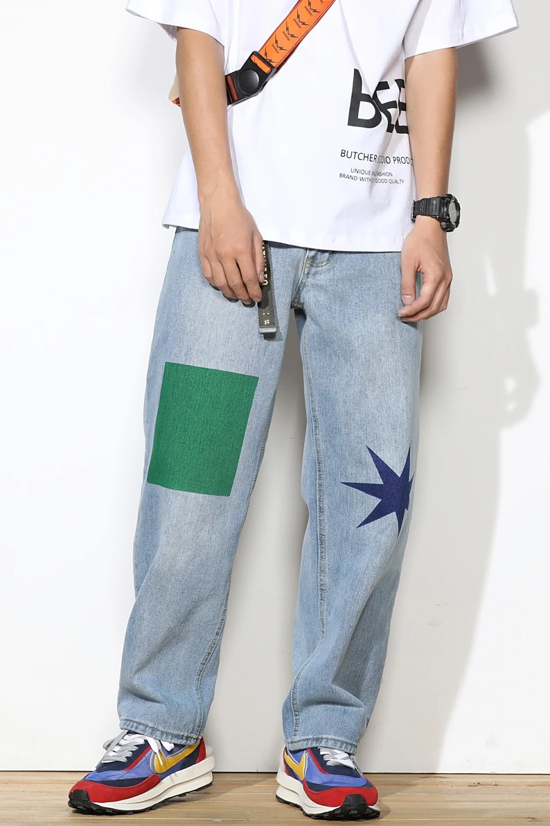 

2020 Spring And Summer New Youth Popular Loose Simple Printing Jeans Fashion Casual Wild Wide Leg Pants Gray / Blue / Sky Blue