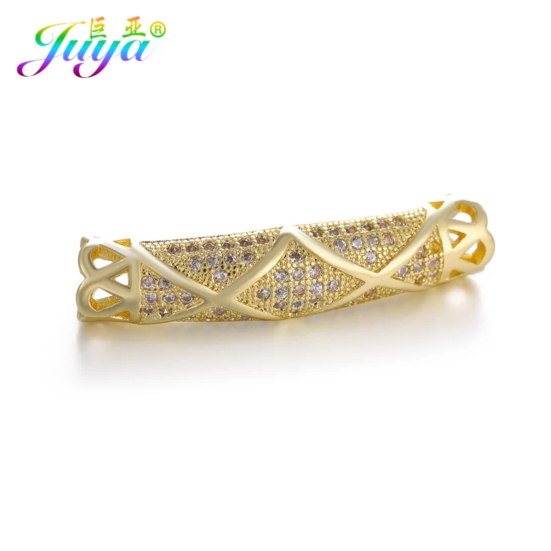 Gold Juya DIY золотые/серебряные/розовые золотые разделительные бусины, поставки, микро проложенные циркониевые изогнутые трубчатые бусины для изготовления ювелирных изделий из натурального камня и жемчуга - Цвет: Gold