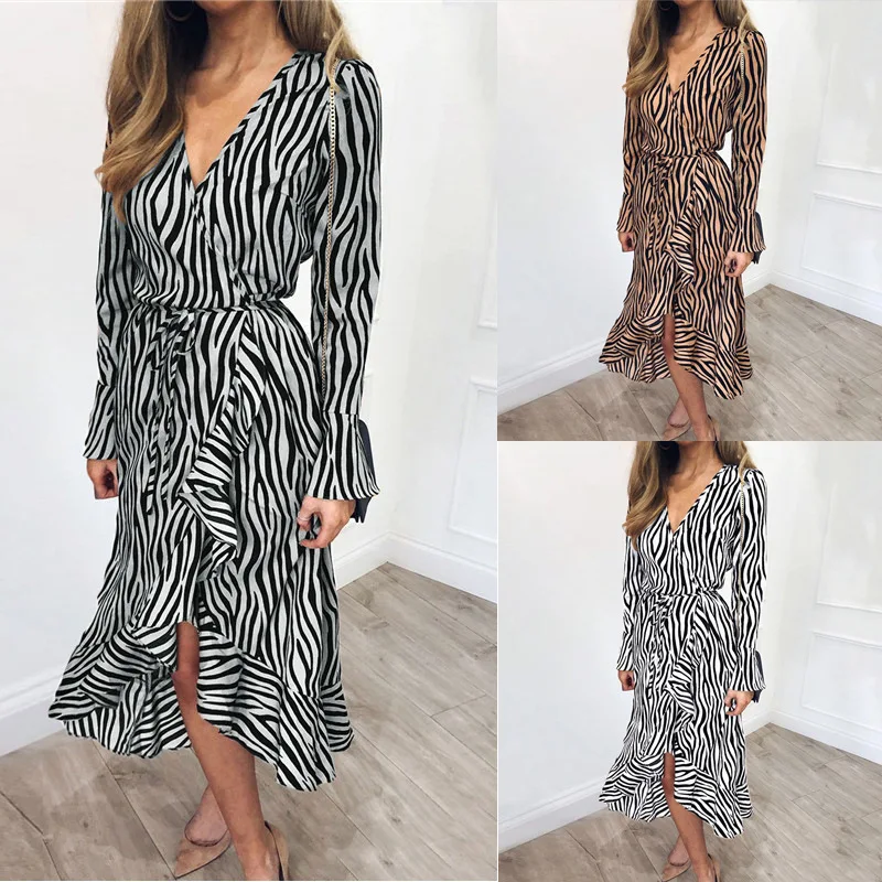 

Summer Long Dresses 2019 Women Zebra Print Beach Chiffon Dress Casual Long Sleeve V Neck Ruffles Elegant Party Dress Vestidos