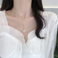 fashion design feeling bowknot pearl necklace female ins cold wind contracted collarbone chain necklace female temperament