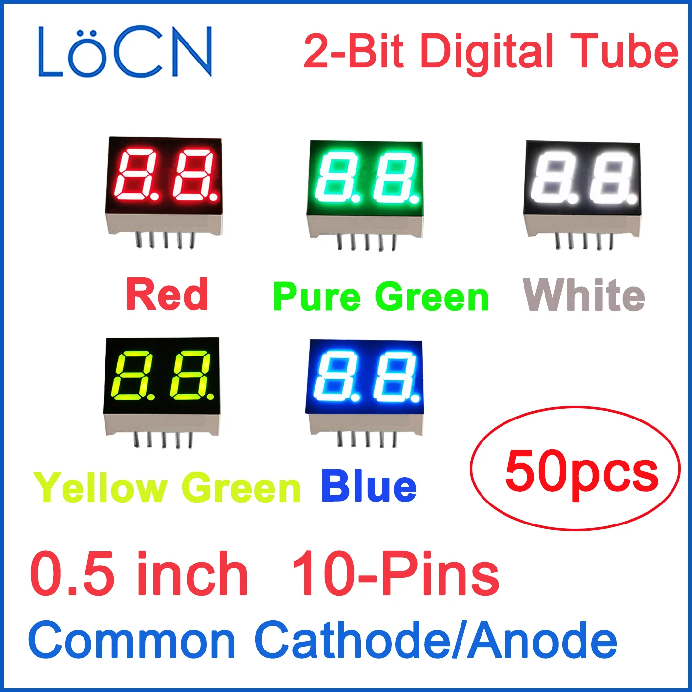

0.5 inch LED Display Digital tube 2bit RED BLUE WHITE YELLOW PURE GREEN Common Cathode Anode High Bright Clock Display 50PCS