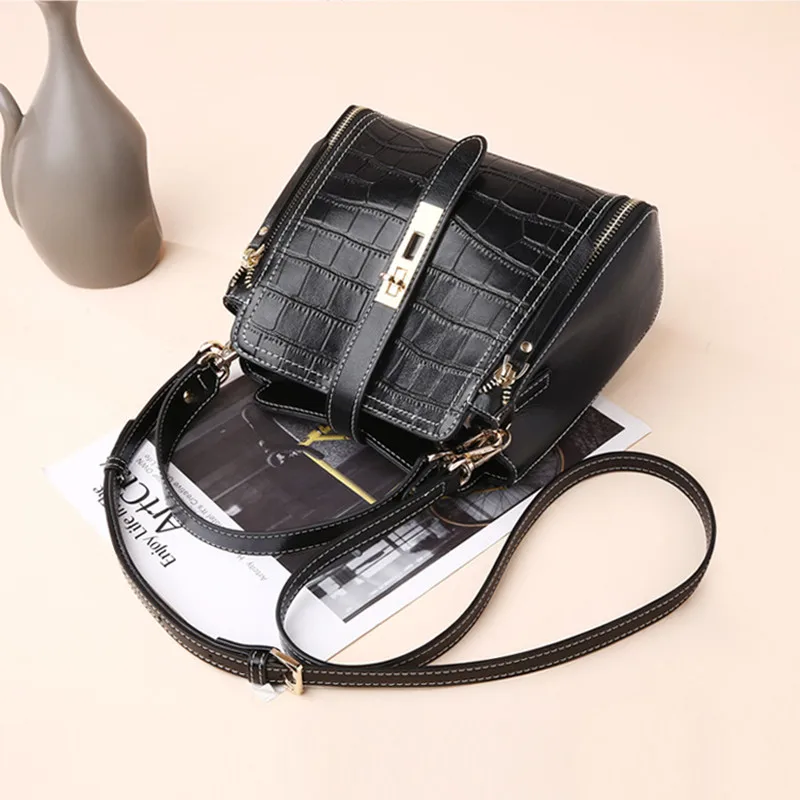 

2021 Fashionable Women Shoulder Messenger Bags Classic Crocodile Pattern Bucket Bags High Quality Genuine Leather Handbags Bolso