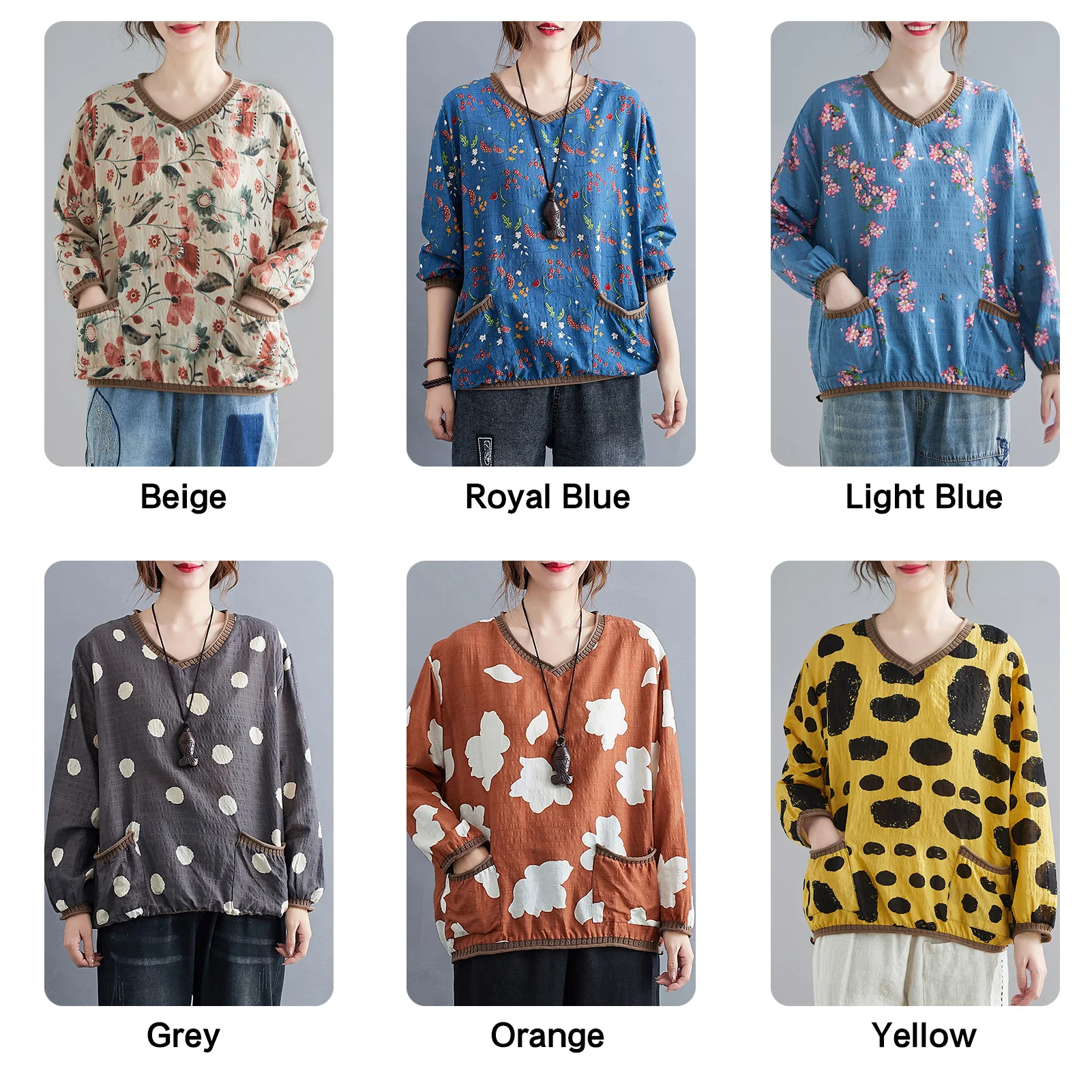 

Oversized Blouse Shirts Women Floral Dot Print Knitted V-Neck Vintage Shirt Casual Feminine Tops Blusas