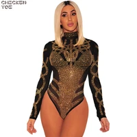 2022 woman sexy jumpsuit playsuit spring black gold rhinestone bustier female mesh turtleneck tops long sleeve sheer bodysuit
