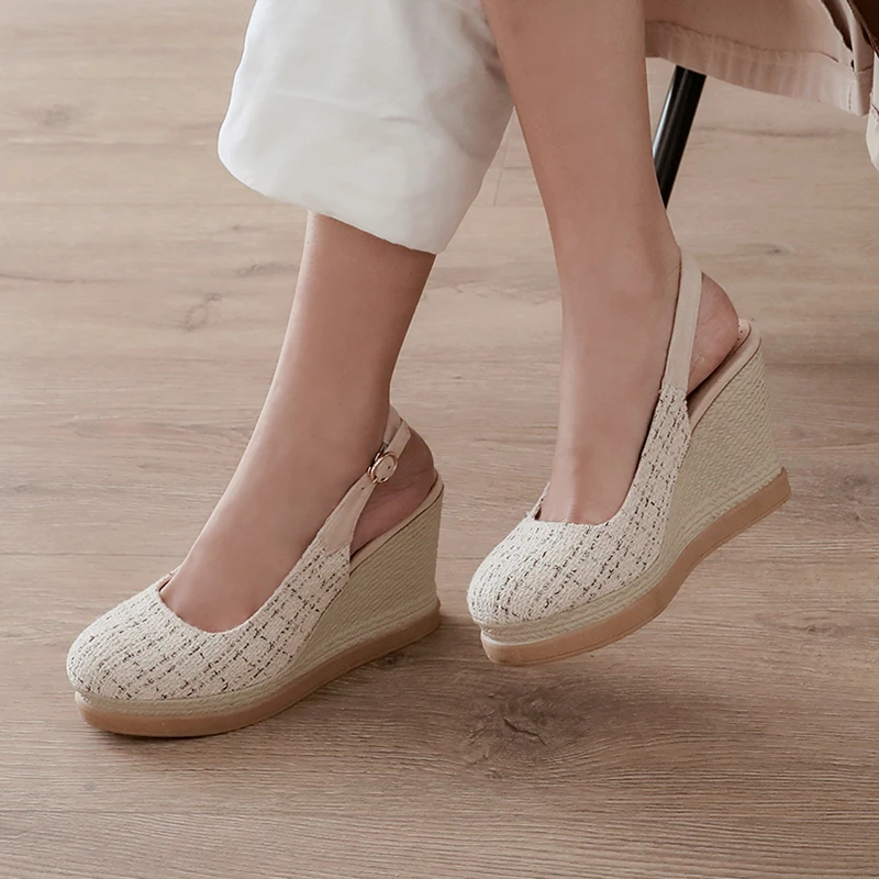 Босоножки женские на платформе сандалии танкетке круглый носок высокий каблук