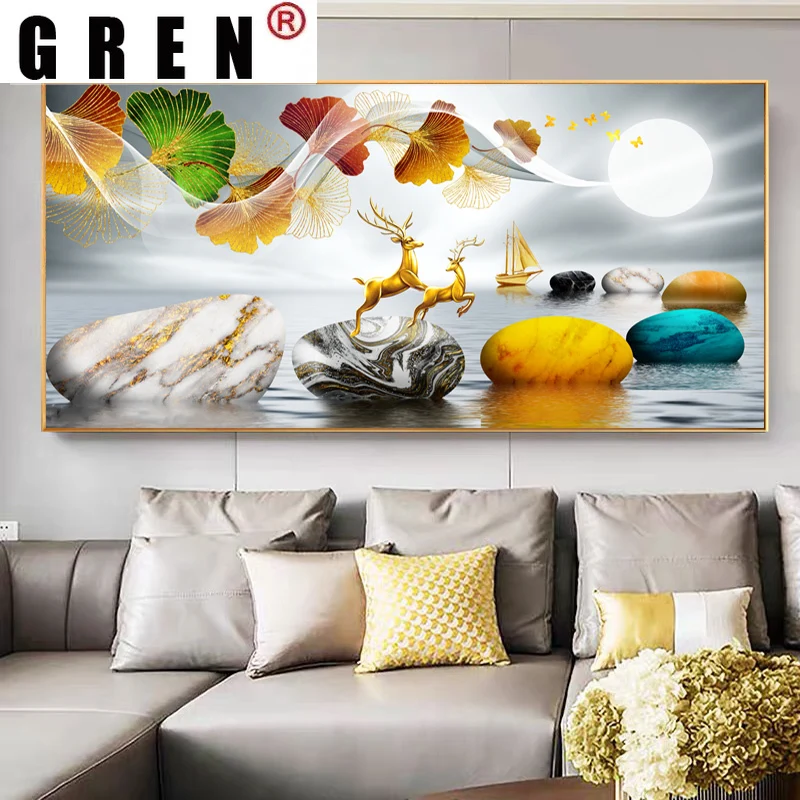 

GREN Impressionist Golden Deer leaf Posters Prints Canvas Painting Abstract Landscape Wall Pictures for Living Room Home Decor