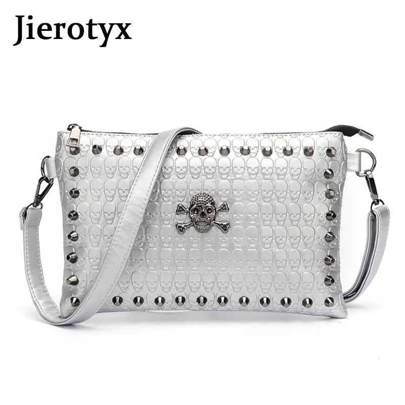 JIEROTYX сумки через плечо в стиле панк, женская сексуальная Сумка-клатч с тисненым черепом, черная кожаная сумка в готическом стиле с заклепками и флагом, женские сумки дешевле