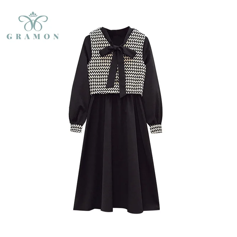 

Plus Size Dress Two Piece Suits Lady Fashion Plaid Vest And Long Sleeve Black Midi Dress Outfits Women 2021 Autumn Conjuntos New