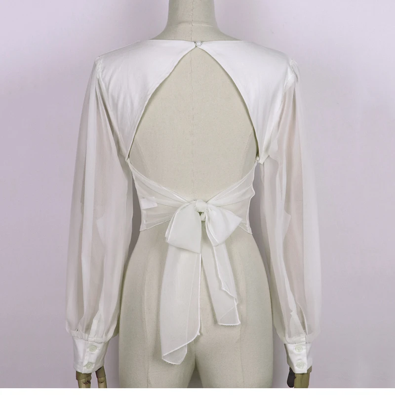 

blouses women fashion 2020 spring summer sexy v neck blackless front hole latern long sleeve slim wild crop top women clothing