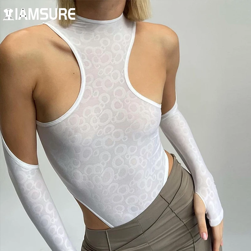 

IAMSURE Hollow Out Sexy Slim Skinny Rompers Fashion Solid O-Neck Bodysuits Women 2021 Streetwear Laides Basic Top Party Clubwear