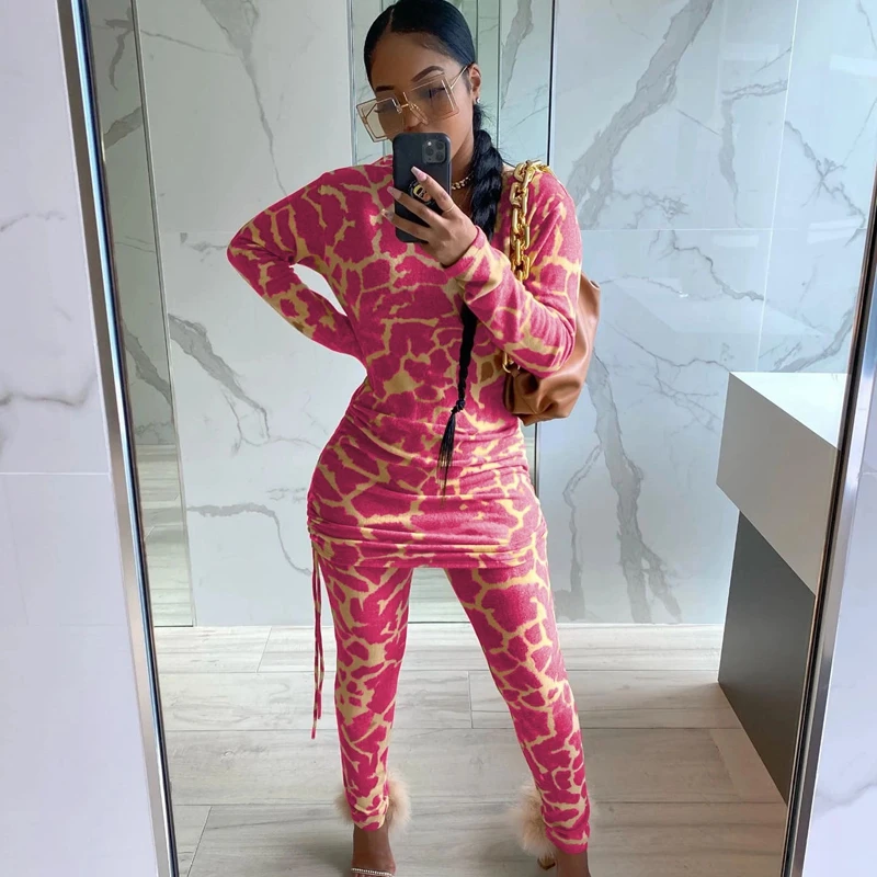 

ZKYZWX Lounge Wear Tie Dye Full Sleeve Side Drawstring 2 Piece Set for Home Women Sweatsuit Fashion Jogger Fitness Matching Sets