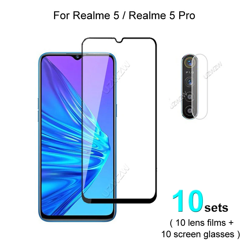 

10 комплектов для Realme 5 Pro / 5 Защитная пленка для экрана из закаленного стекла Взрывозащищенная и пленка для объектива камеры