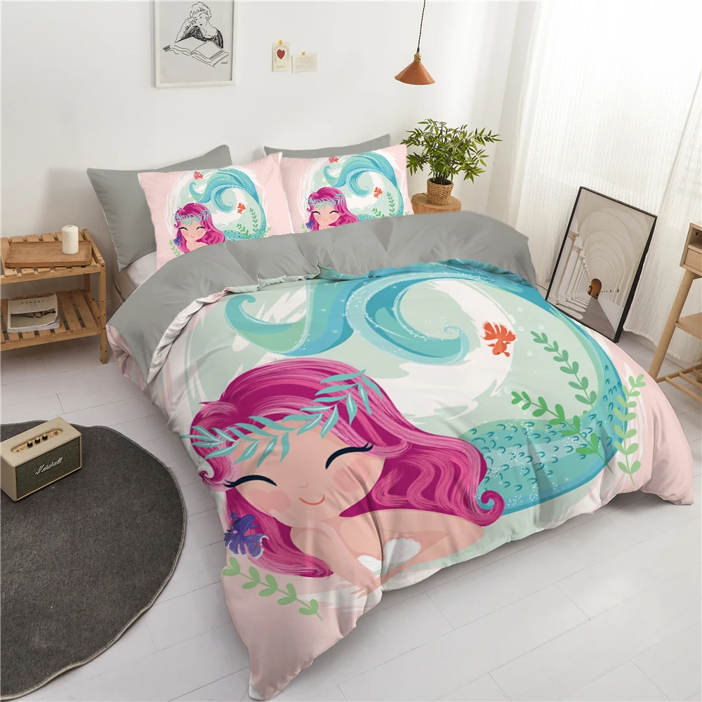 

Luxury Mermaid 3D Printed Bedding Set Girls Child Duvet Cover 2/3pcs Queen King Size Comforter Set With Zipper Closure For Home
