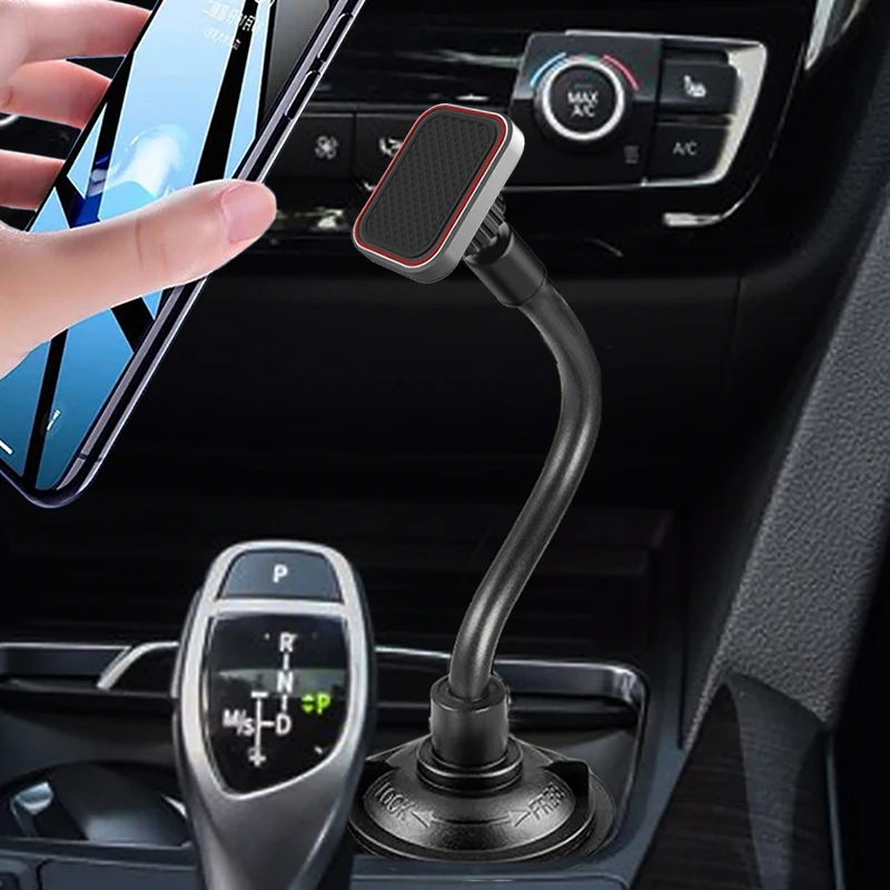 Car Cup Holder Magnetic Phone Mount with for Extra Long Neck & 2 Metal Plates for iPhone 12