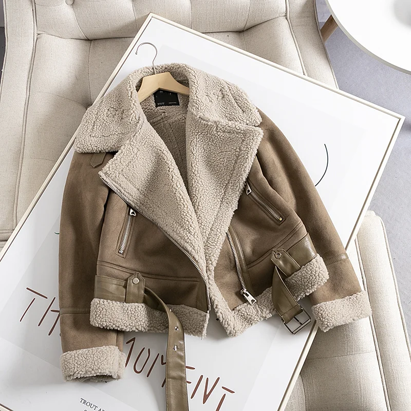 

Ailegogo Winter Women Thick Warm Vintage Suede Lamb Biker Jacket Coat Chic Sashes Casual Loose Faux Leather Outwear Tops Female