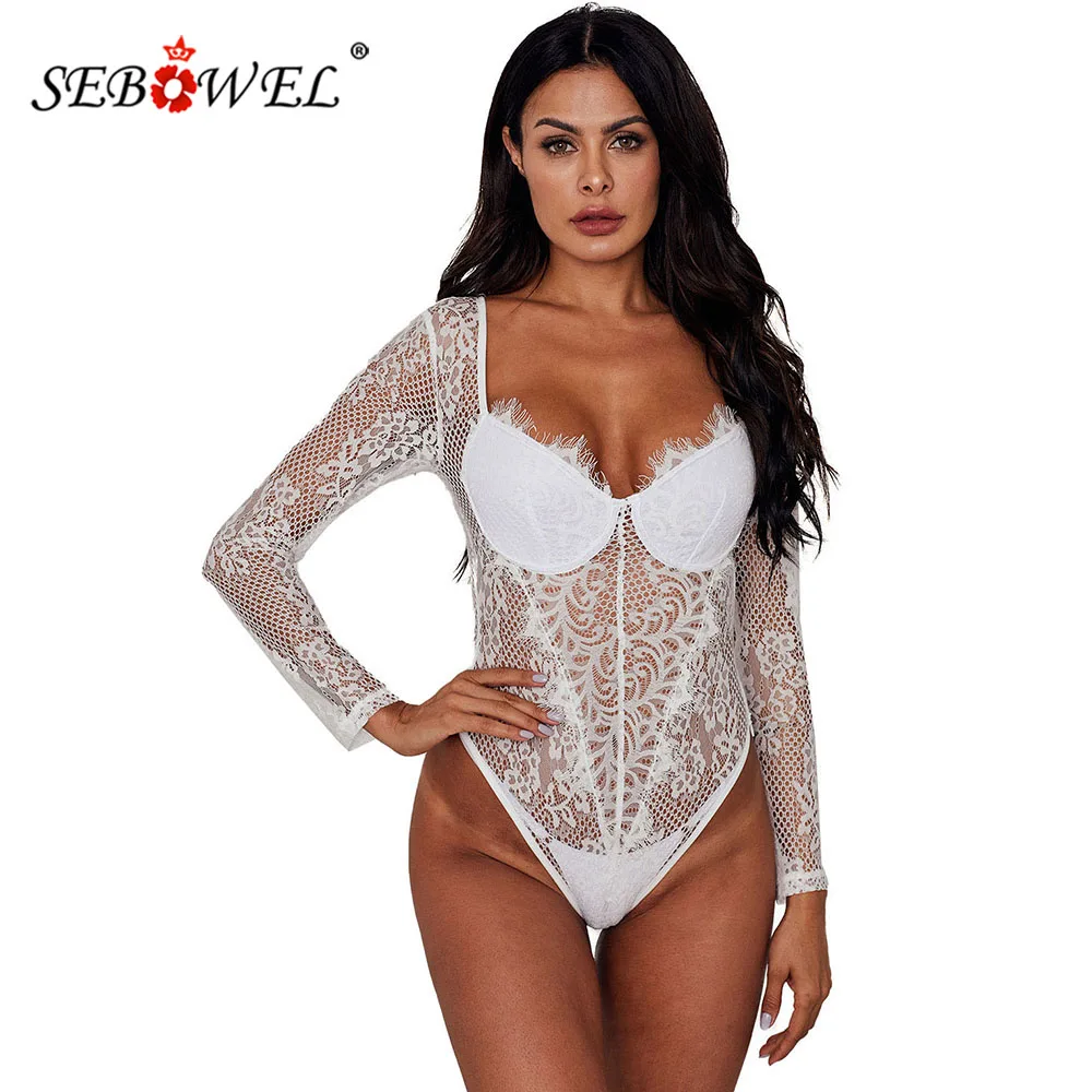 SEBOWEL весеннее Кружевное боди с длинными рукавами и тонкими бретельками женское