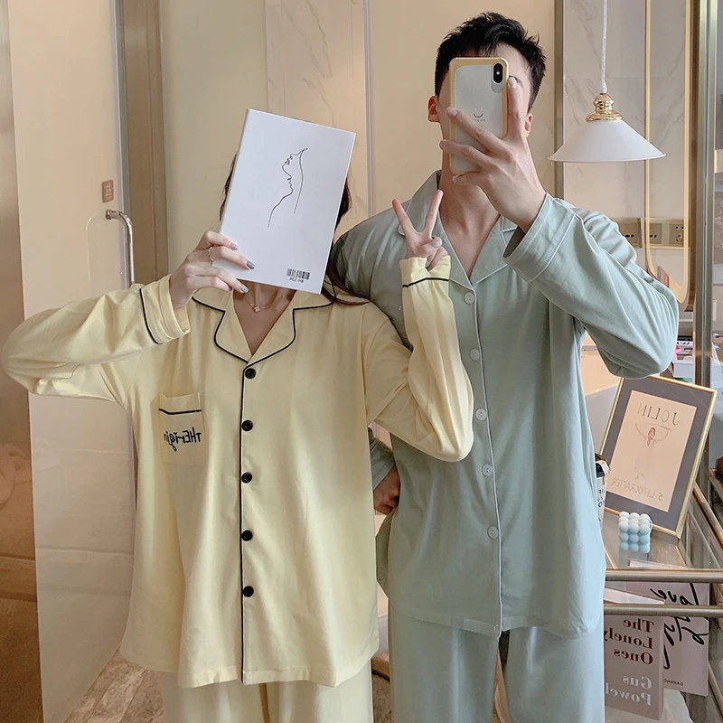 CAIYIER Couple Winter Pajamas Set Soild Colorful Cotton Nightwear Leisure Long Sleeve Men & Women Loves Sleepwear Pijamas Mujer