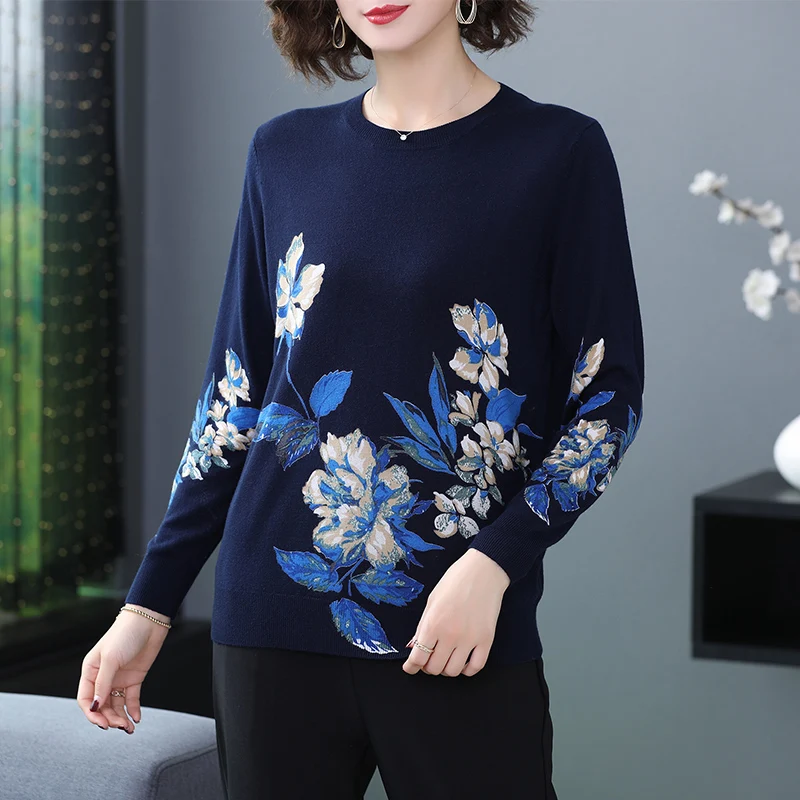

Simple Sweater Women 2019 Autumn Winter Long Sleeve O neck soft Knitted Pullovers Floral Printed Knitted sweater Women