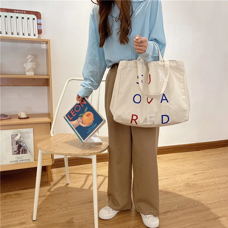 

Women Large Canvas Shopping Bag Reusable Cotton Tote Grocery Bag Eco Big Books Handbag Shopper Cute Shoulder Bags For Ladies
