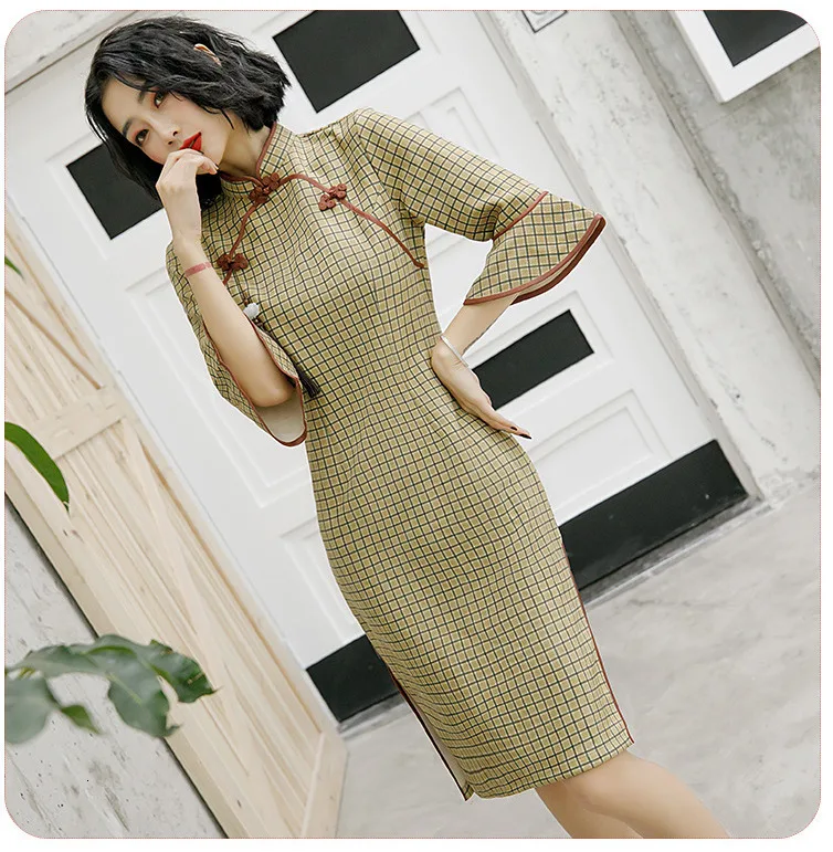 Sheng Coco Осень Последние оленьей плед Cheongsam Qipao платья современное улучшение листьев лотоса Ретро кисточки Восточное Платье До Колена