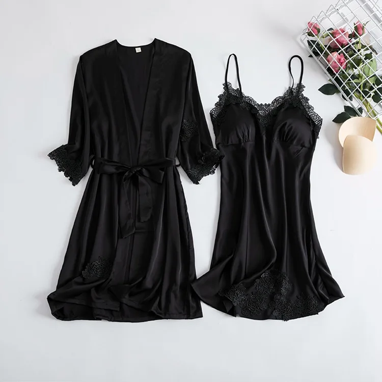 

Female Summer Thin Spring And Autumn Sexy Nightgown Ice Silk Halter Skirt Nightgown Two-piece Morning Gown With Breast Pad