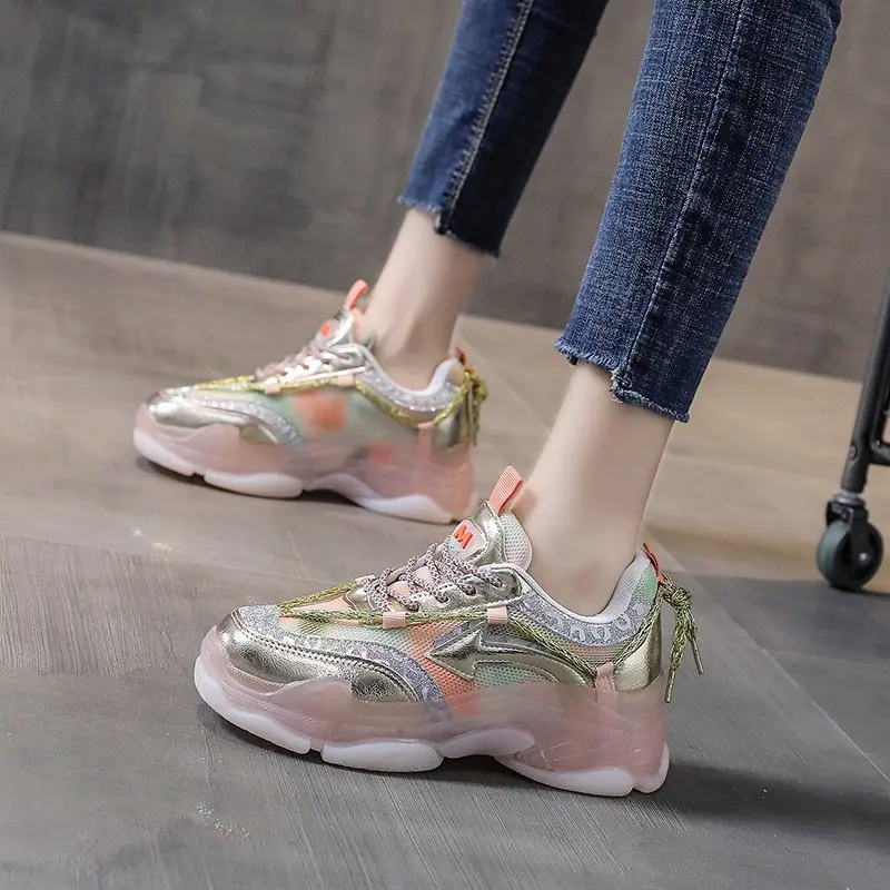 

Spring Summer Sports Shoe White Shoes Colorful Wave Pattern Stitching Thick Bottom Women's Shoes