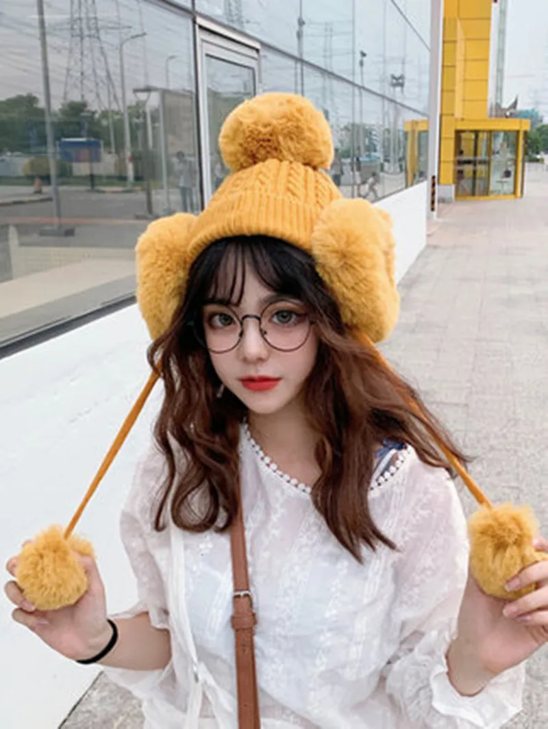 

Wool cap children winter Han edition joker and ear cap integrated Hat Winter lovely ear thickening warm knitted hat