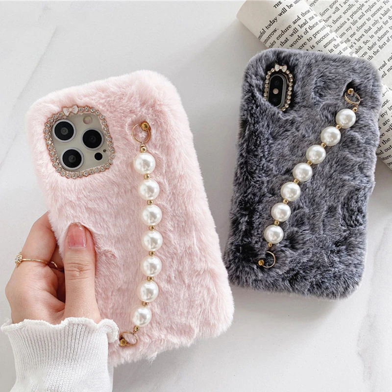 

Signalshin Pearl Wrist Chain Case For iPhone 12 XS Max XR X 11 Pro Max SE Furry Warm Cover For iPhone 7 8 Plus Soft Plush Cover