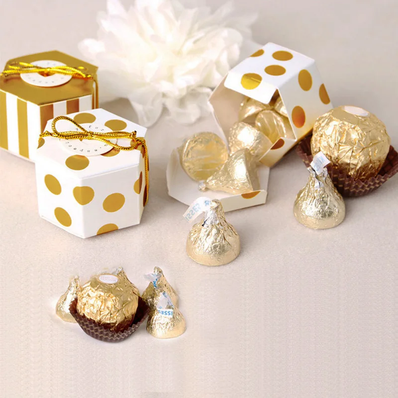 

10pcs Mini Golden Stripe Dots Gift Box Hexagon Wedding Chocolate Box Bronzing Candy Box Baking Package Wedding Party Decorations