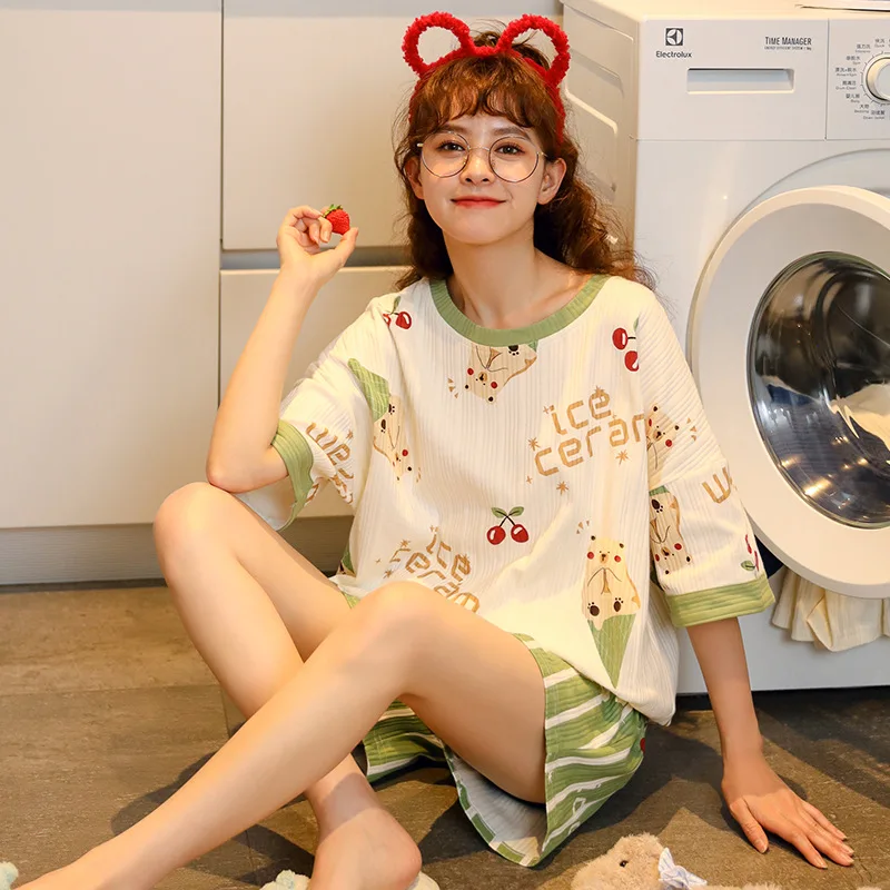 

Short sleeve pajamas women's summer leisure Women's Korean set simple fashion girl's pure cotton home suit