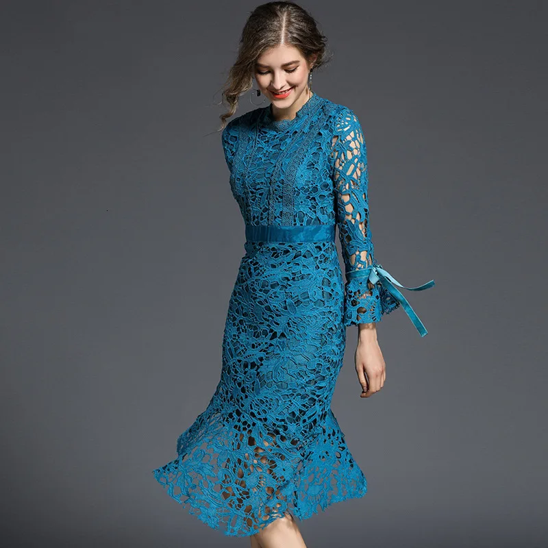 BacklakeGirls Ever Pretty Lake Blue Scoop Neck Full Sleeve Knee Length Hollow Out Lace Cocktail Dress Suknie Wizytowe Plus Size | Свадьбы и