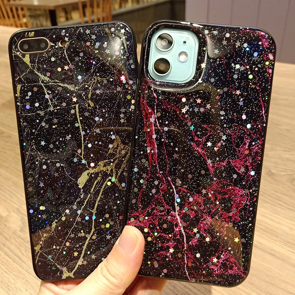 Роскошный блестящий лазерный Звездный мраморный чехол для iPhone 11 Pro X XS Max XR 8 7 6 6S Plus