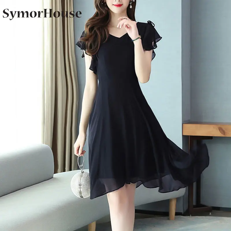 

2022 Fashion Black Women Dress Casual irregular Slim Chiffon Red V-neck A-line Dresses Women's Clothing