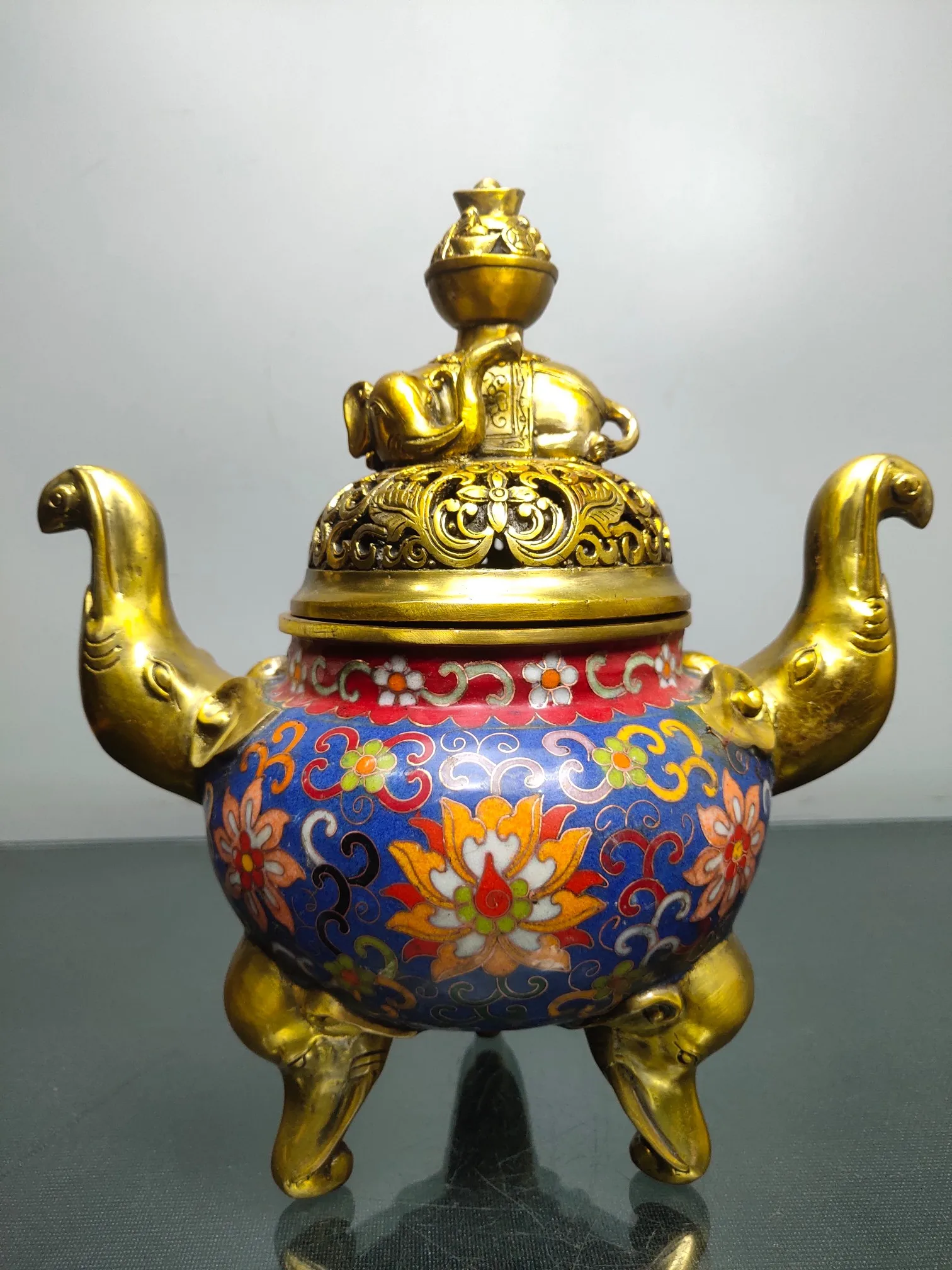 

9"Chinese temple collection Old Bronze Cloisonne Enamel Elephant statue trunk Binaural Three-legged incense burner Ornaments