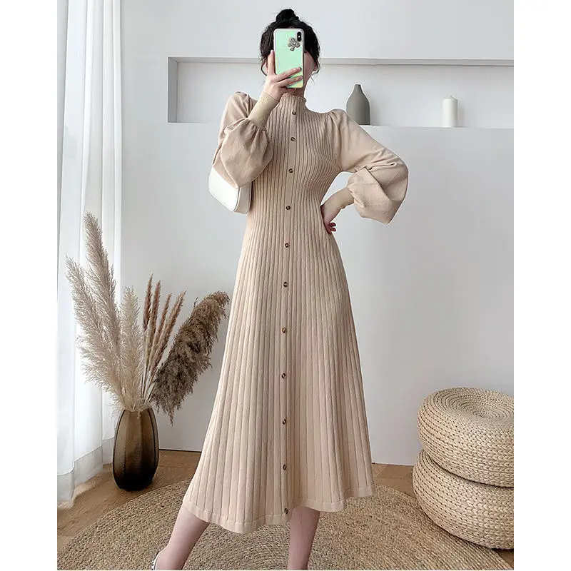 

Lantern sleeve knitted dress female autumn winter new Korean fashion half turtleneck loose casual thick long pleated dress women