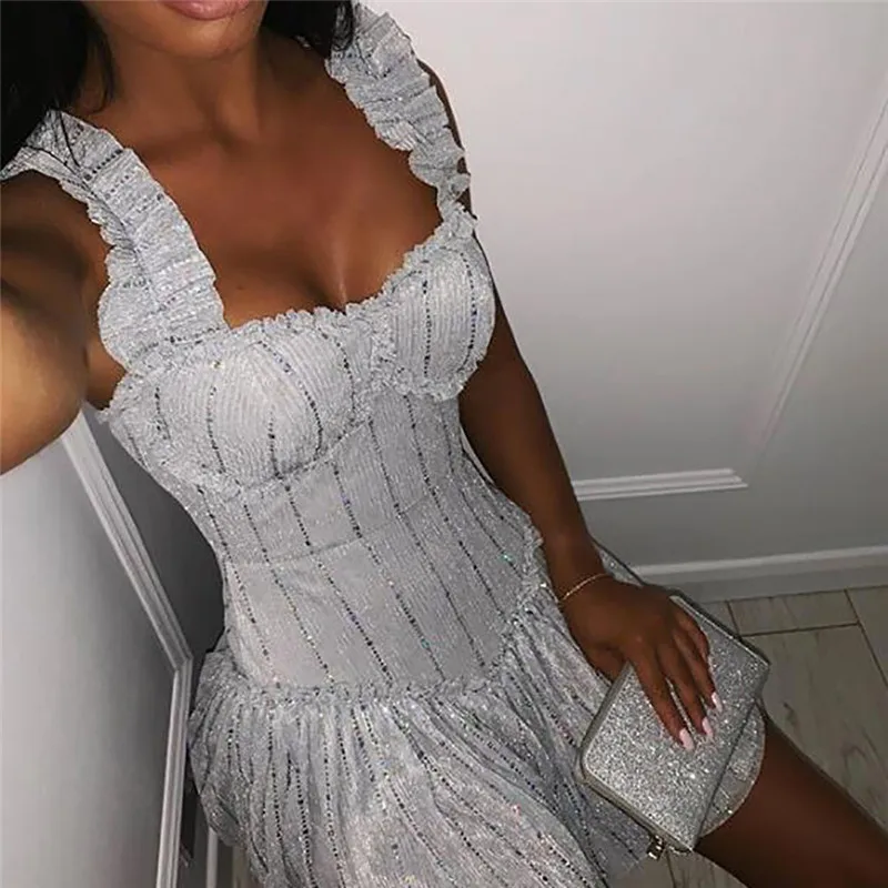 Женское мини-платье с блестками лоскутное Плиссированное квадратным вырезом