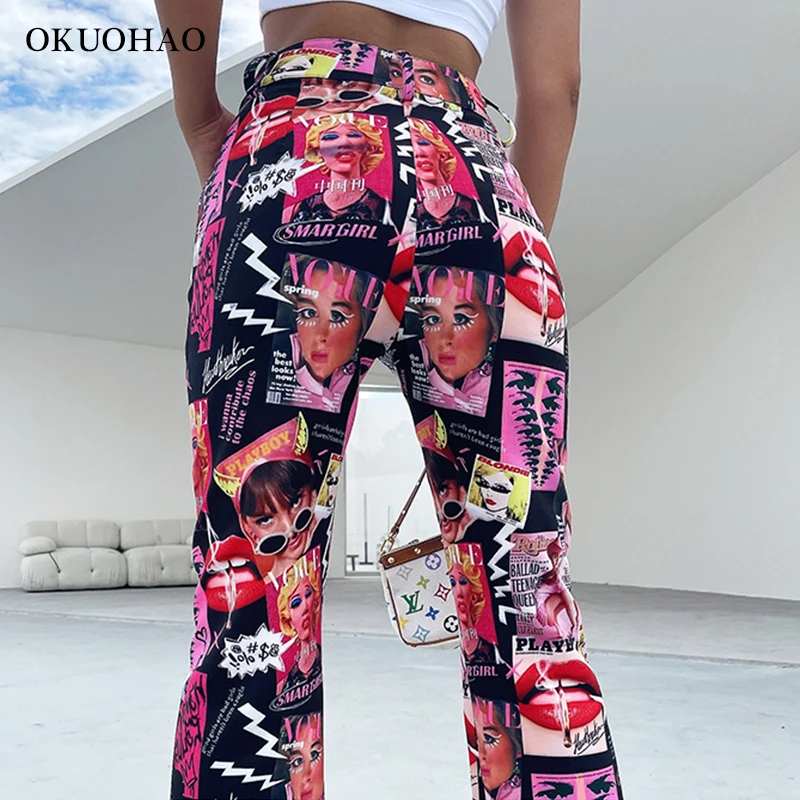 

Okuohao Streetwear Fashion Pants Women Straight Leg High Waist Long Mom Pants 2021 Casual Loose Clothing Wide Leg Trousers New