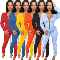 two piece womens personalized trendy long sleeved solid color autumn deep v zipper hooded jacket wrinkled pants sports suit