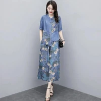 female splicing denim wide leg pants suit 2022 summer new women korean age reducing fashionable hakama two piece suit printing