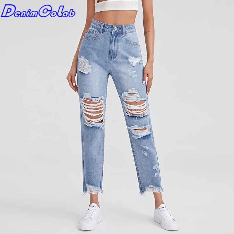 

DenimColab 2021 Fashion Hole Straight Jeans Pants Women Cotton Cowboy High Waist Ripped Jeans Ladies Casual Office Jeans Trouser