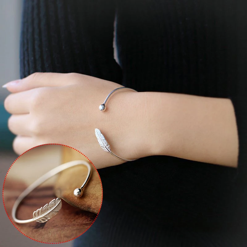 

Elegant Style Silver Bracelet Female Simplicity Korean Version Ball Cuff Bangle Temperament Adjustable Feather Opening Bracelet