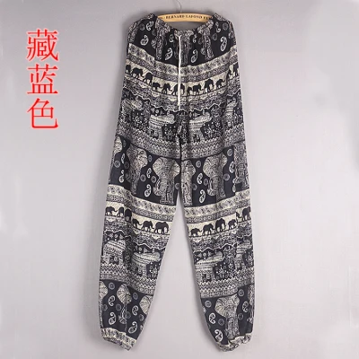 navy blue photo 1 Мягкие хлопковые льняные тайские индийские народные банданы со слоном на завязках на талии свободные шаровары широкие штаны пляжные тренировочные брюки для бега Boho - Цвет: navy blue photo 1
