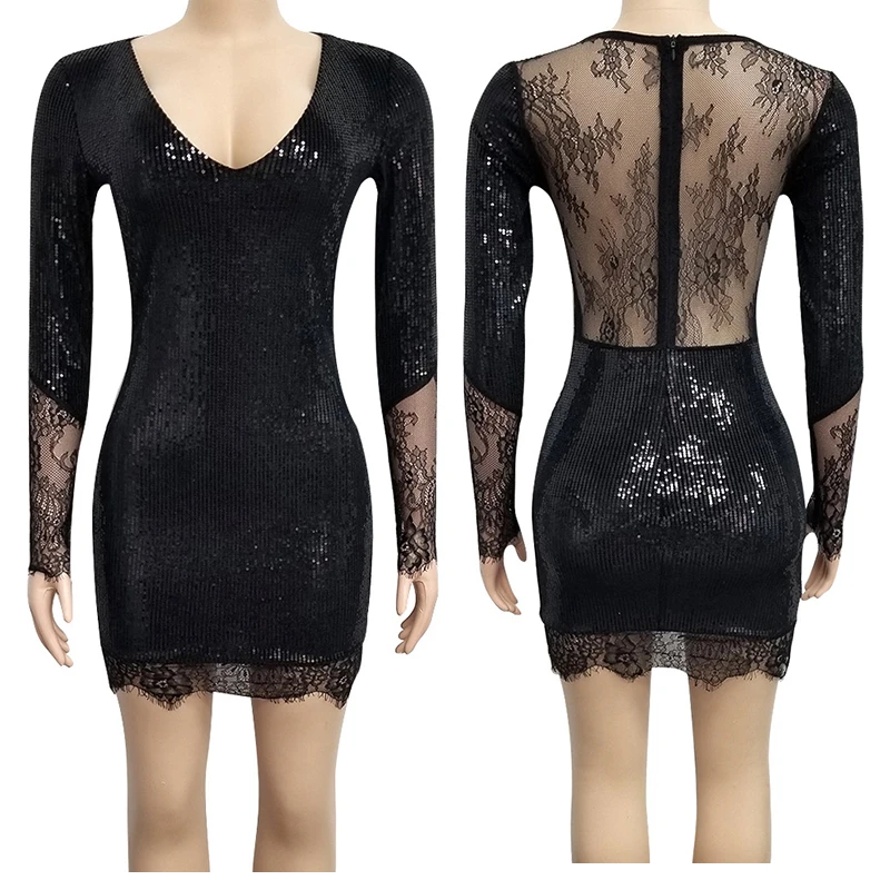 Сексуальное женское облегающее черное платье vestidos, платья для вечеринок, Украинская одежда sukienki, кружевное платье с блестками и длинным рукавом - Цвет: black 2