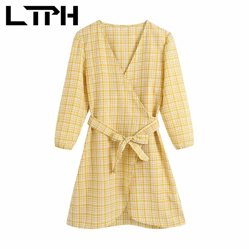 

LTPH vintage simple fresh elegant plaid dress women Three Quarter sleeves V-Neck high waist wrap dresses Casual 2021 Spring New
